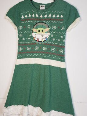 Star Wars Sweater Dress Girls L 10-12 Green Yoda Ugly Christmas Knit Cap Sleeve